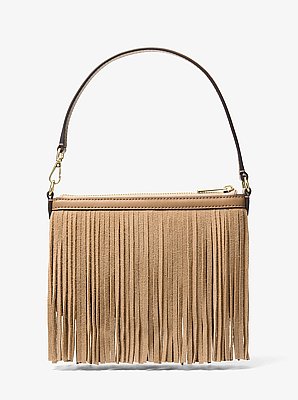 Pochette-bracelet en microsu&egrave;de de polyester &agrave; clous et &agrave; franges