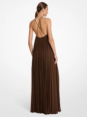 Pleated Techno Chiffon Halter Gown
