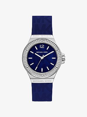 Reloj Lennox en tono plateado y malla de silicona con el logotipo con pav&eacute;