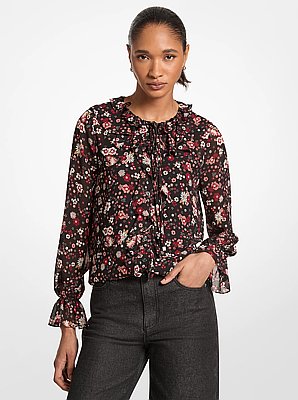 Haut en georgette &agrave; imprim&eacute; floral et &agrave; volants