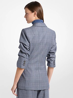 Glen Plaid Wool Crushed-Sleeve Blazer
