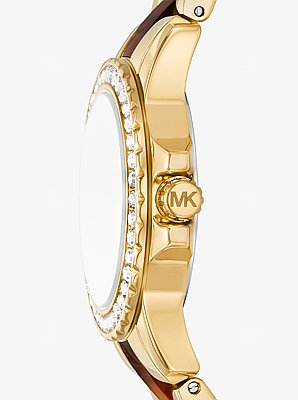 Reloj Everest petite en tono dorado y acetato color carey con pav&eacute;