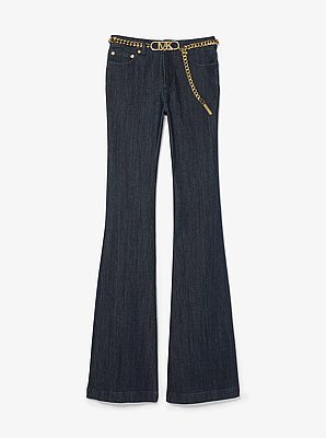 Stretch Denim Belted Flared Jeans