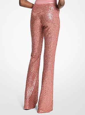 Pantalones acampanados de tul el&aacute;stico con lentejuelas bordadas a mano