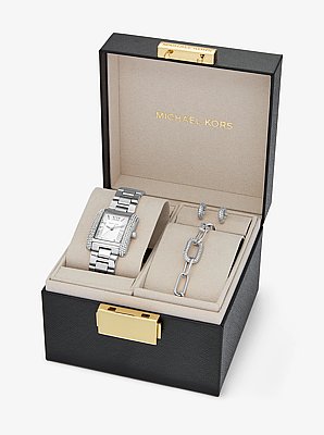 Coffret cadeau petite montre Emery argent&eacute;e &agrave; pierres pav&eacute;es et bijoux