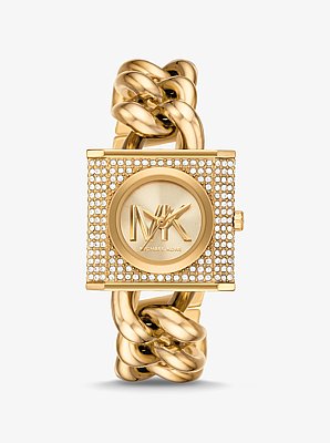 Mini Lock Pav&eacute; Gold-Tone Chain Watch