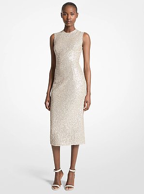 Hand-Embroidered Sequined Stretch Tulle Sheath Dress