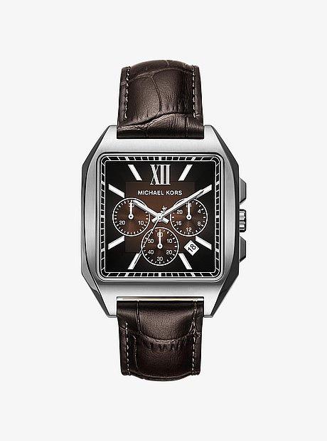 XXL-Armbanduhr Hayes im Silberton mit Lederarmband mit Krokodilpr&auml;gung
