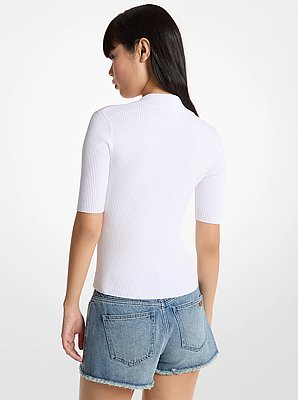 Ribbed Stretch Viscose Lace-Up Polo Top