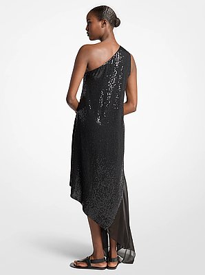 Vestido asim&eacute;trico de georgette de seda con lentejuelas bordadas a mano