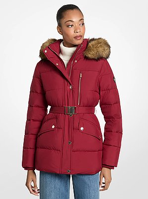 Faux Fur Trim Belted Puffer Jacket