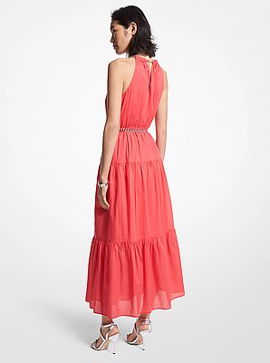 Vestido midi de batista de algod&oacute;n con cuello halter con cadena