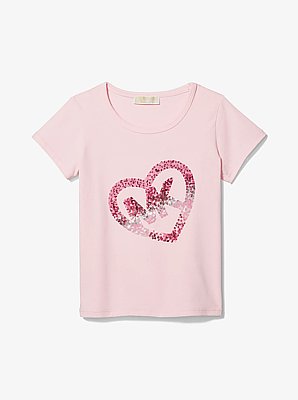 Stretch Cotton Sequined Logo Heart T-Shirt