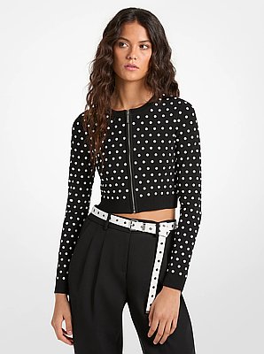 Studded Cropped Zip-Up Cardigan