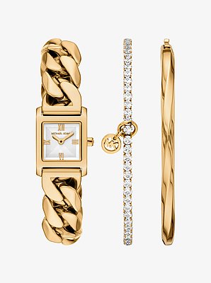 Set de regalo de reloj Georgie tama&ntilde;o micro en tono dorado y joyer&iacute;a