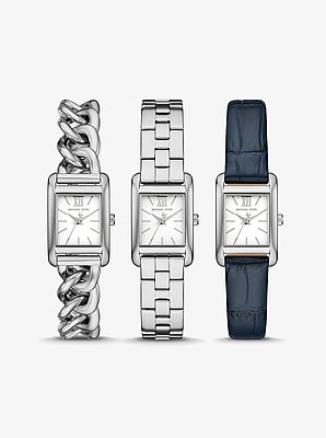 Petite Monroe Silver-Tone and Crocodile-Embossed Leather Watch Strap Set