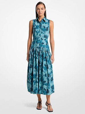 Vestido camisero de popelina de algod&oacute;n con cintura baja y estampado floral chin&eacute;