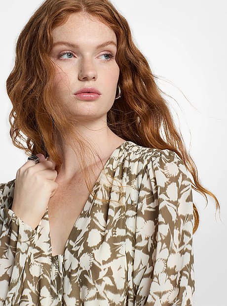 Robe mi-longue en cr&ecirc;pe georgette &agrave; imprim&eacute; floral