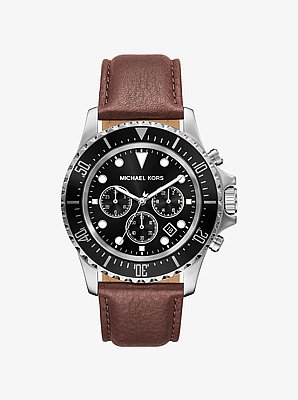 Oversized Everest Silver-Tone and Leather Watch
