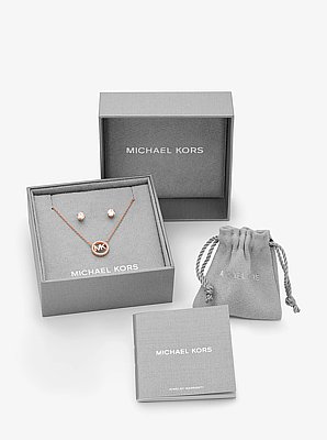 14K Rose Gold-Plated Sterling Silver Pav&eacute; Logo Charm Necklace and Stud Earrings Set