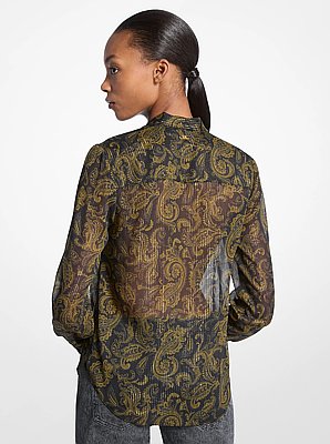 Metallic Paisley Print Tie-Front Georgette Blouse