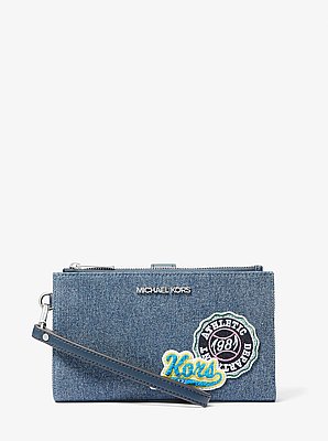 Jet Set Travel Embellished Denim Wristlet