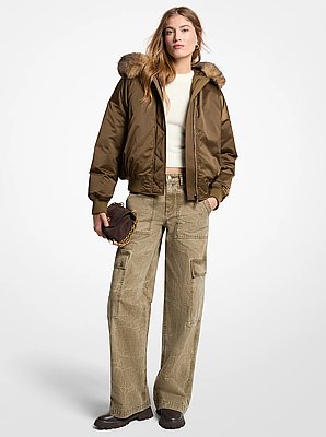 Faux Fur-Trimmed Satin Cir&eacute; Hooded Bomber Jacket