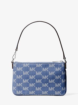 Bolso pulsera Jet Set Travel peque&ntilde;o de denim con logotipo jacquard de denim