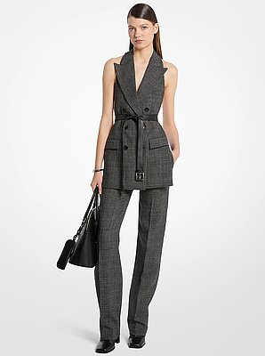 Glen Plaid Wool Belted Backless Blazer