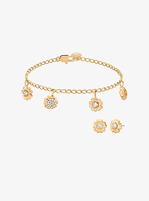 Pav&eacute; Flower Charm Bracelet and Stud Earrings Jewelry Set