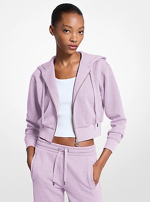 Su&eacute;ter corto de jacquard con logotipo, capucha, cremallera y dije de la marca