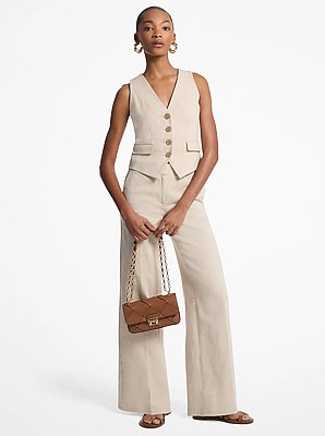 Pantalon &agrave; jambe large en serg&eacute; de coton et de lin
