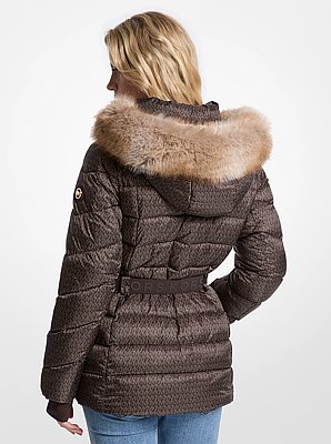 Faux Fur Trim Belted Puffer Jacket