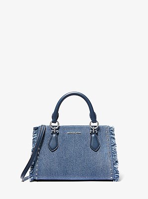 Borsa messenger Marilyn piccola in denim con borchie