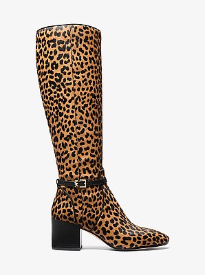 Ella Leopard Print Calf Hair Wide Calf Block Heel Boot