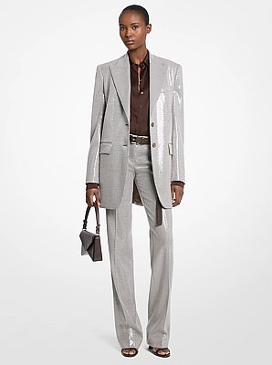 Embroidered Sequin Dogtooth Stretch Wool Boyfriend Blazer