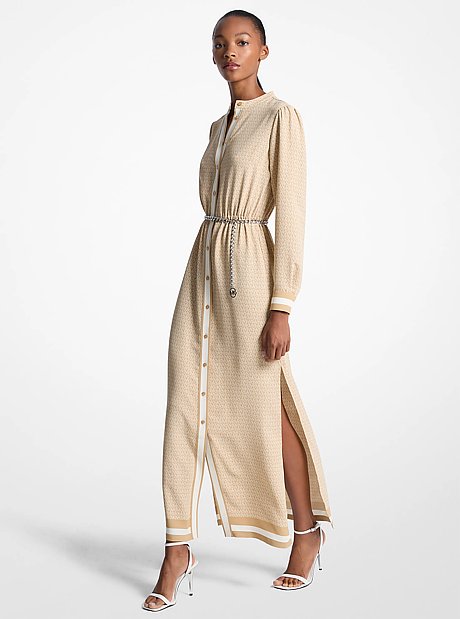 Logo Print Satin Belted Maxi Dress
