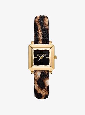 Petite Gwynn Pav&eacute; Gold-Tone and Leopard Print Calf Hair Strap Watch