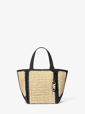 Jordi Small Hand-Crocheted Straw and Leather Tote Bag
