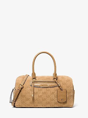Borsa a tracolla Jet Set Travel media in pelle scamosciata con logo goffrato