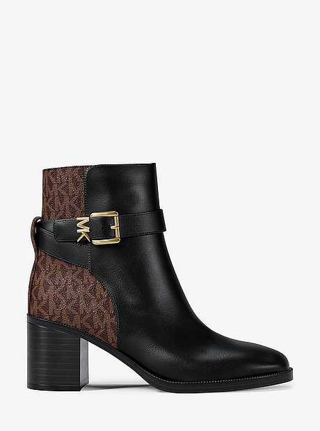 Rachel Leather and Signature Logo Block Heel Ankle Boot