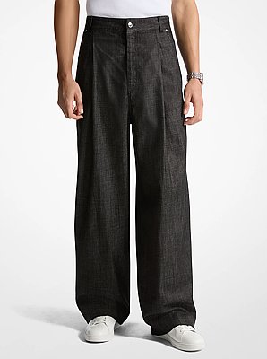 Pleated Chambray Wide-Leg Jeans