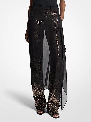 Embellished Tissue Wool Crepe and Silk Voile Veiled Trousers