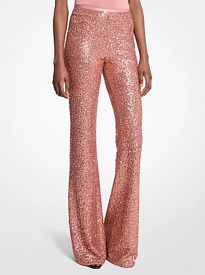 Hand-Embroidered Sequin Stretch Tulle Flared Pants