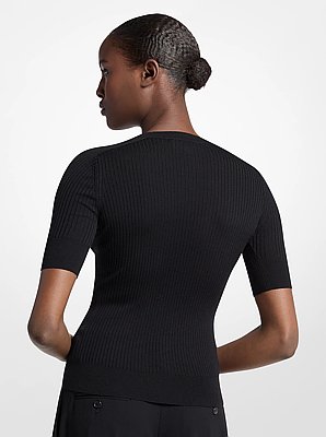 Ribbed Wool Elbow-Sleeve Sweater