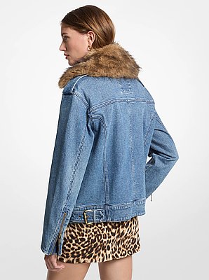 Faux Fur Trim Denim Moto Jacket