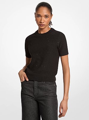 Embellished Knit Short-Sleeve Sweater
