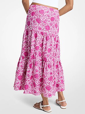 Floral Print Linen Blend Tiered Skirt