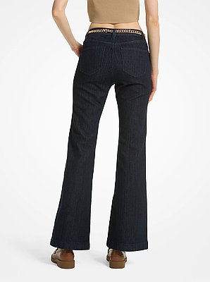 Stretch Denim Belted Flared Jeans