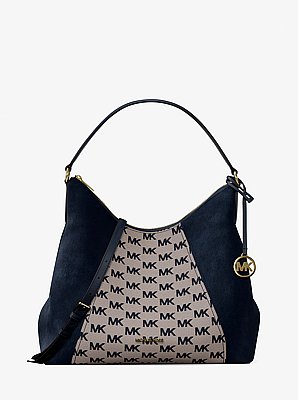 Wandelbare Schultertasche Sienna Large aus Jacquard mit Logomuster und Wildleder
